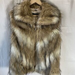 Pamela McCoy Brown/Tan/Cream Faux Fur Front Zip Side Slit Pocket Vest Sz M